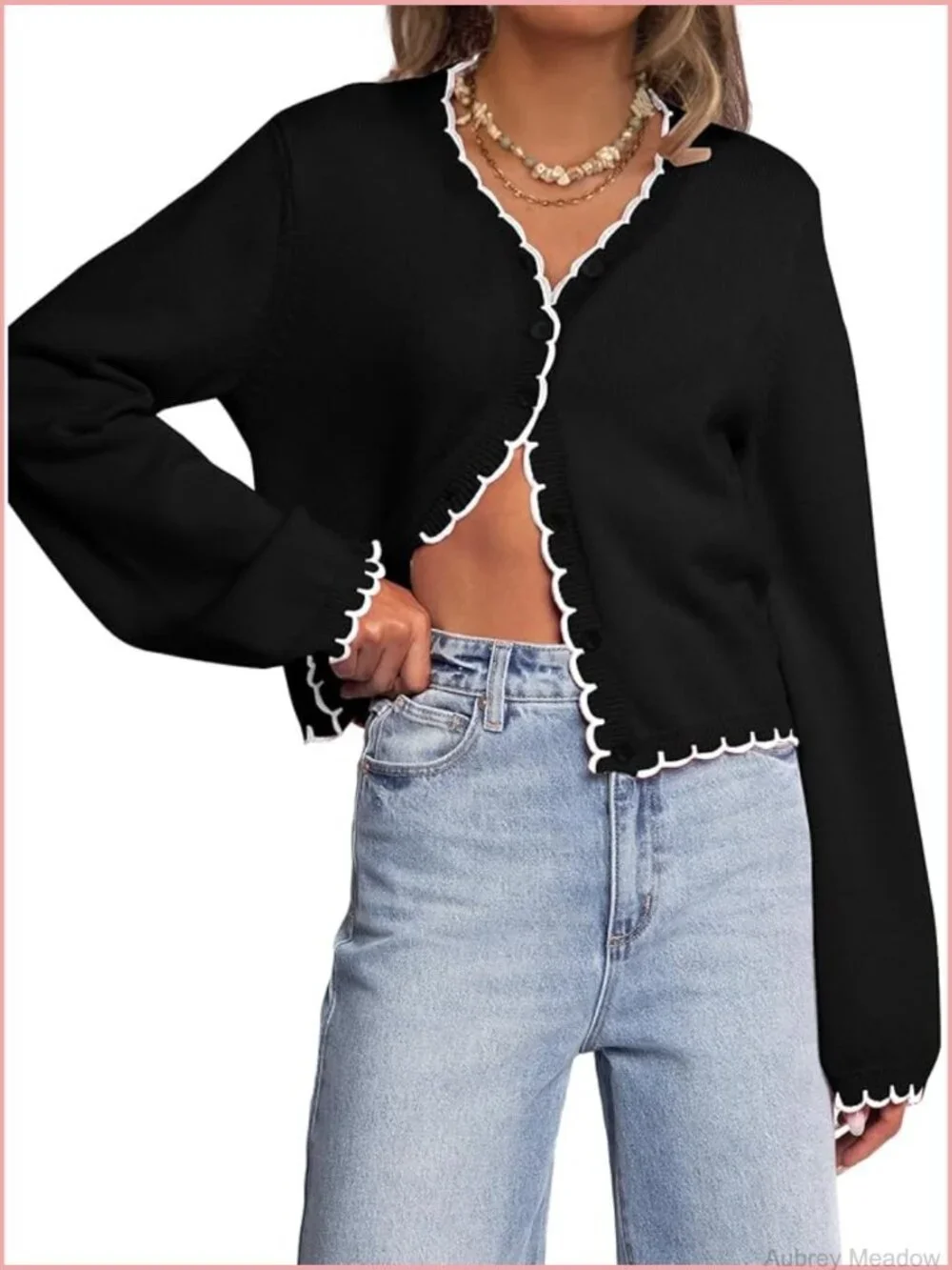Women Long Sleeve Cardigan Button Down Knit Jacket Open Front Cropped Contrast